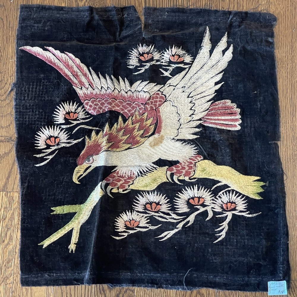 Embroidery Panel Eagle On Antique Black Velvet 15" x 15" Antique
